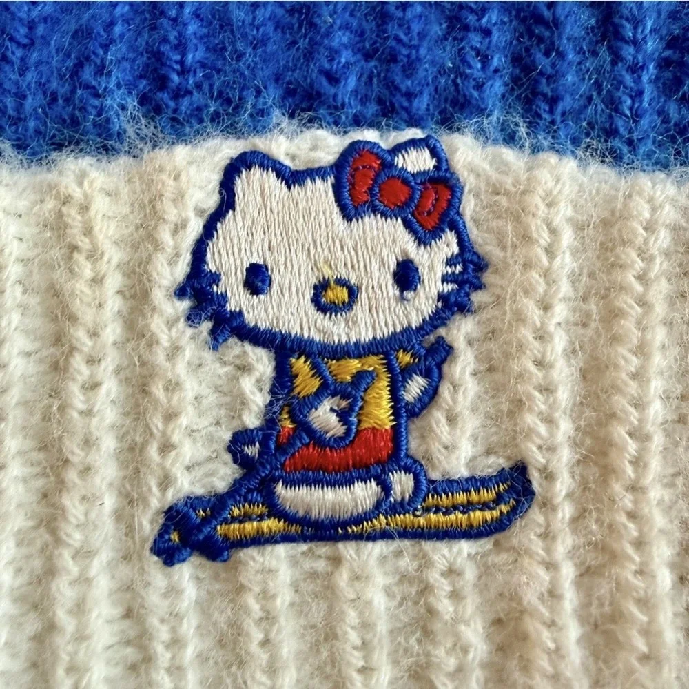 VTG 70s Hello Kitty Blue & White Beanie Knit Ski Cap Hat Pom Pon 1976 Sanrio USA